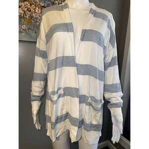 Chaps Cardigan Size M White with Blue Stripes Open Front Knit Sweater Pockets